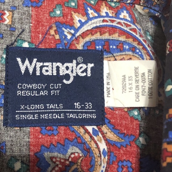VTG Wrangler Western Shirt Men X-Long Tails M 16-33 Blue Paisley Rockabilly USA - Picture 2 of 14